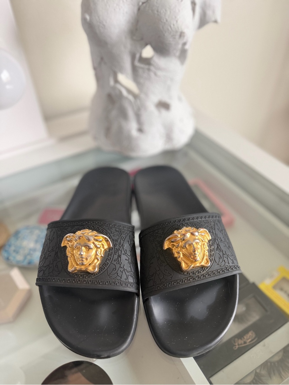 VERSACE Black Slides with Gold Medusa Emblem